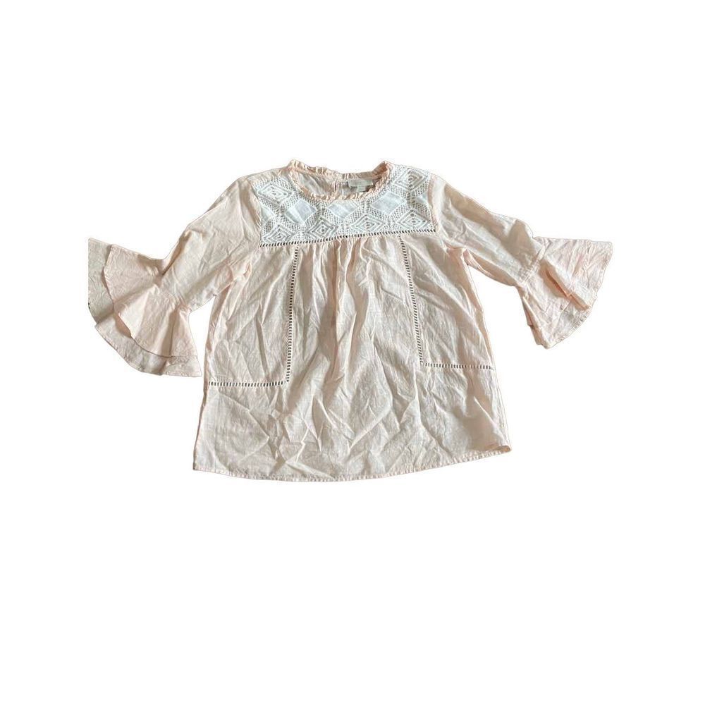 LOFT SOFT PEACH & WHITE CROCHET YOKE BELL SLEEVE COTTON BLOUSE XS